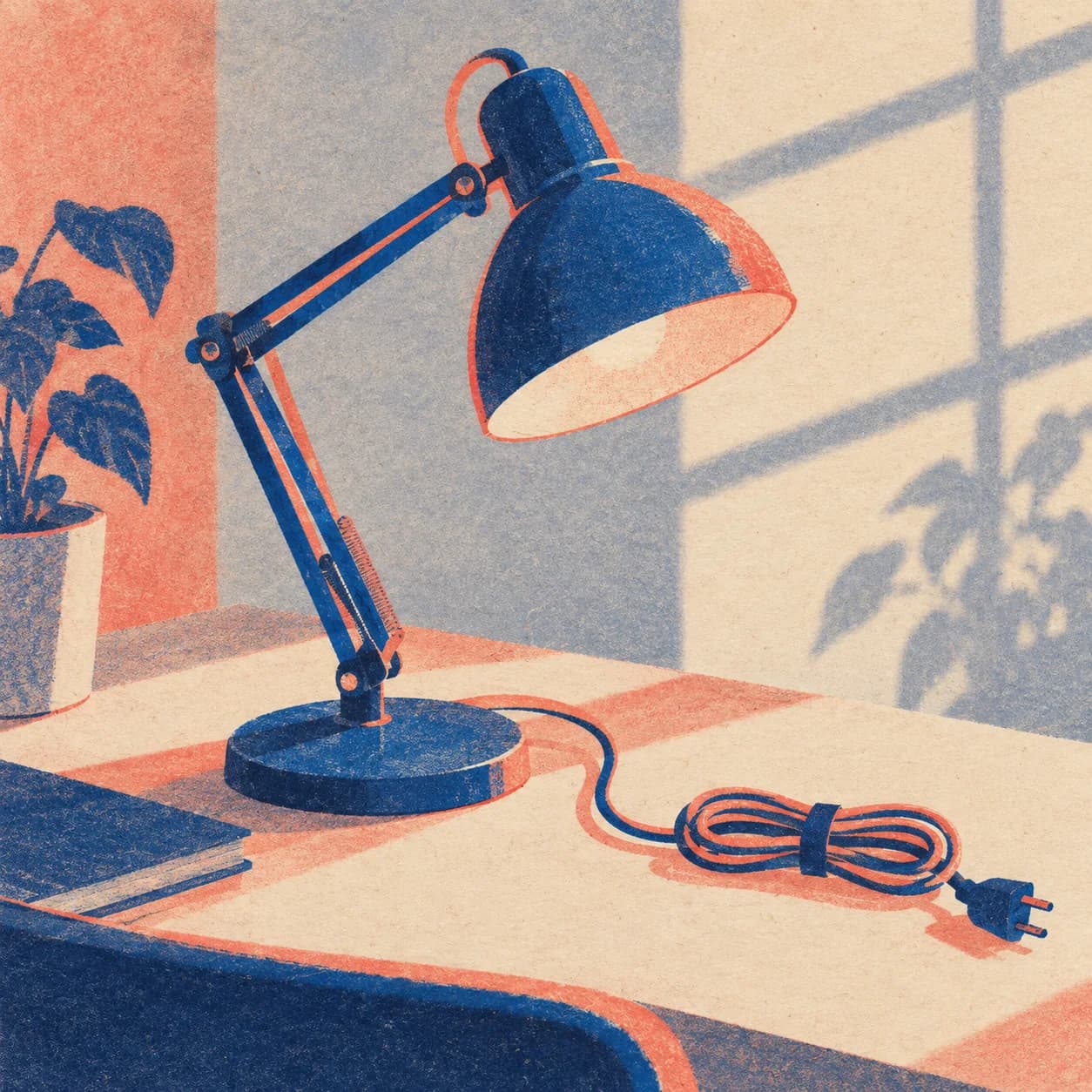 a blue desk lamp and loose cord; two-ink risograph with visible offset; warm recycled stock