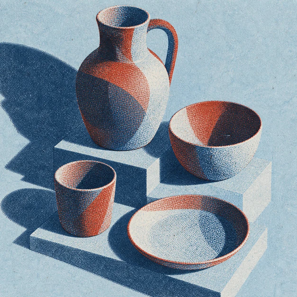 a handmade pitcher and cups; three-layer risograph with soft grain; pale blue uncoated paper