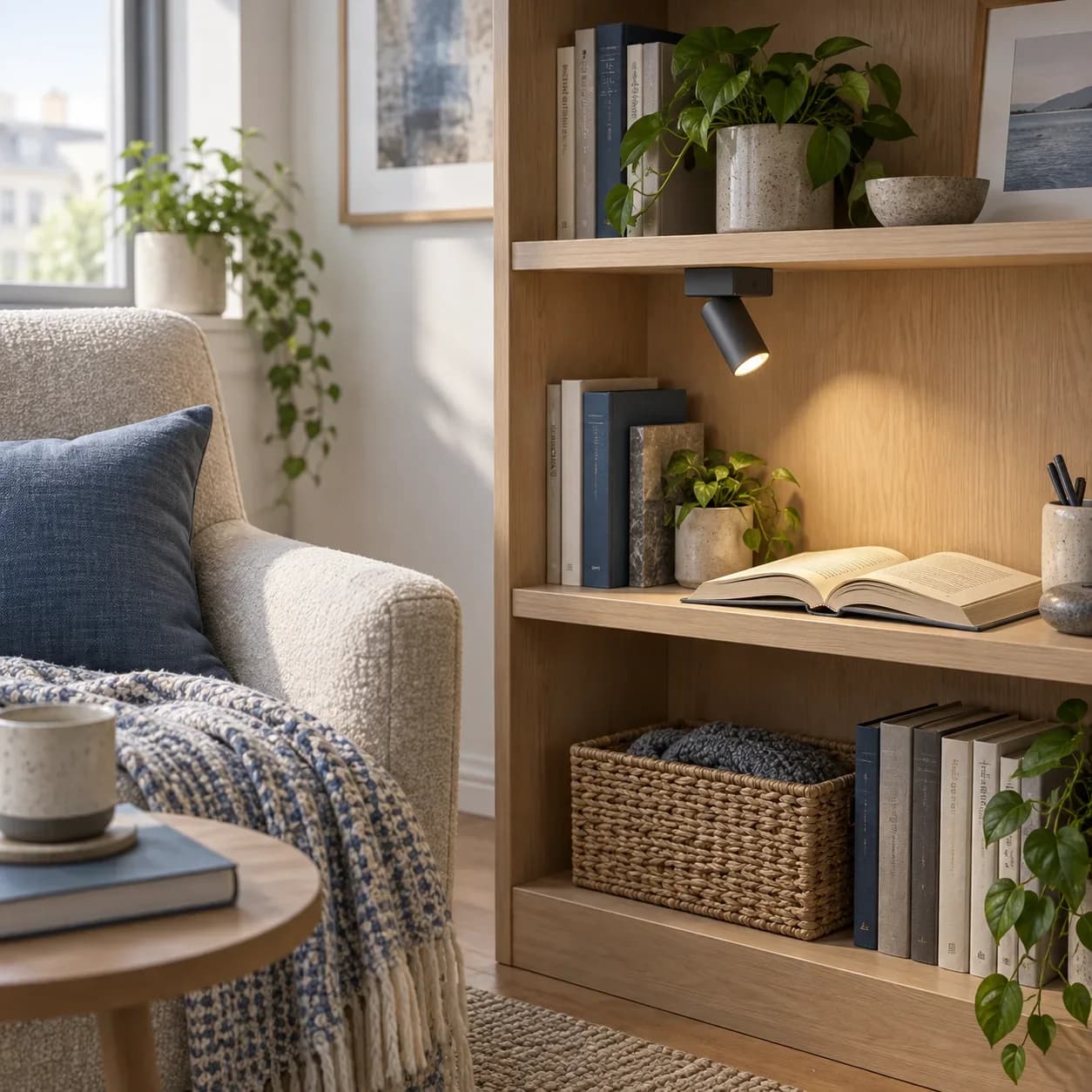 Compact modular reading lamp on an oak shelf in a small apartment corner