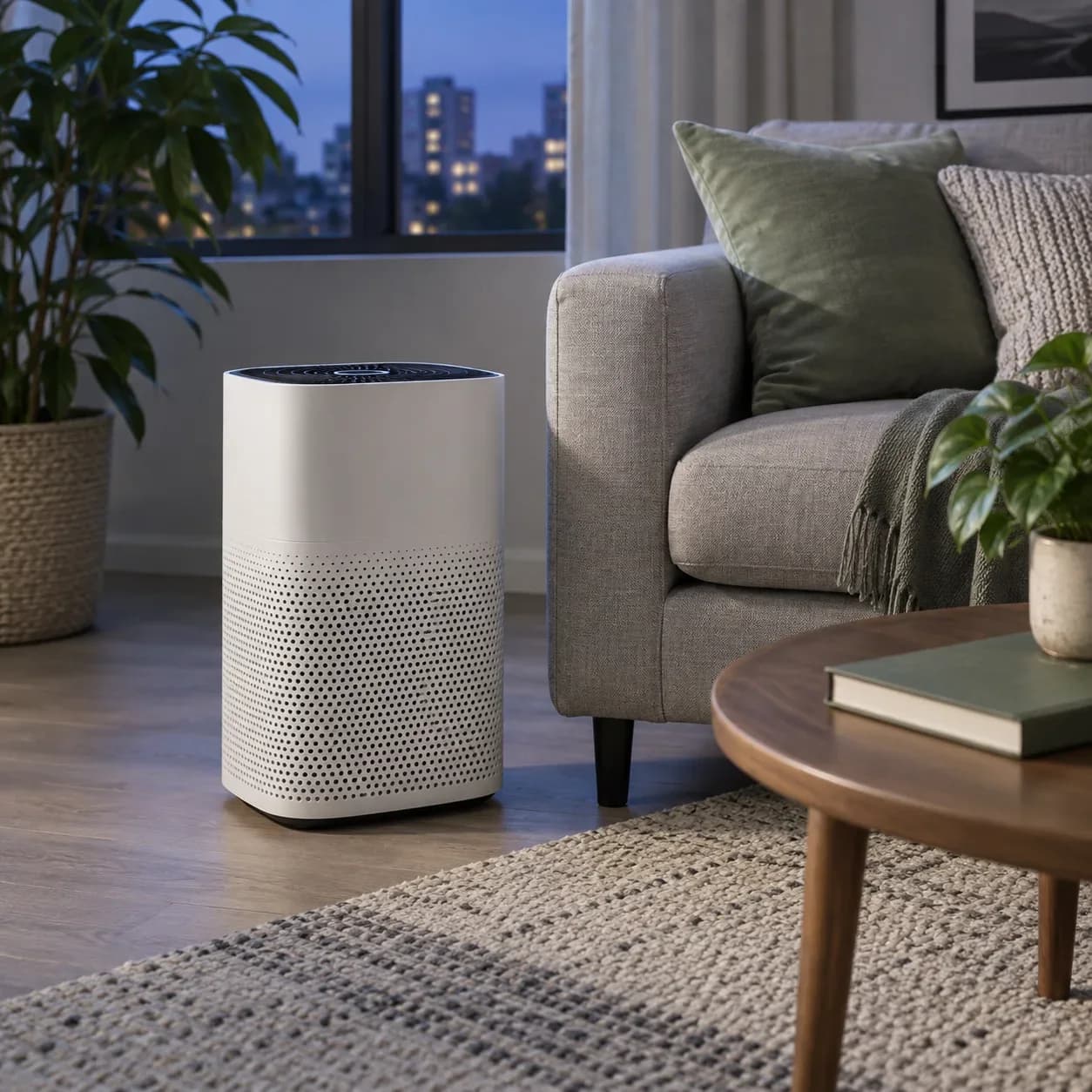Compact air purifier beside a sofa in a small living room