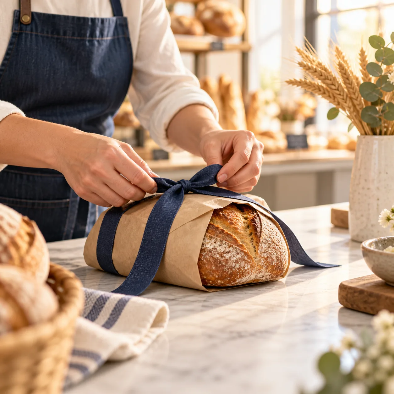a baker packaging a fresh loaf in a bright bakery counter, close hands-and-object narrative frame