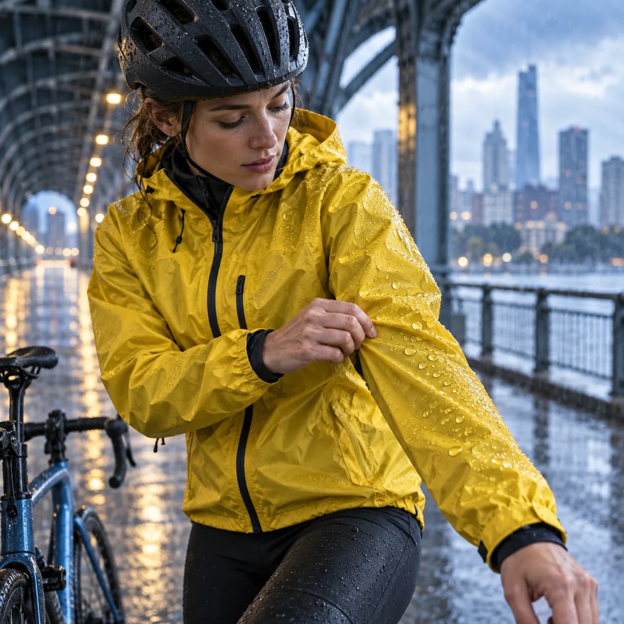 a cyclist checking a rain jacket in a sheltered city bridge, dynamic three-quarter action frame