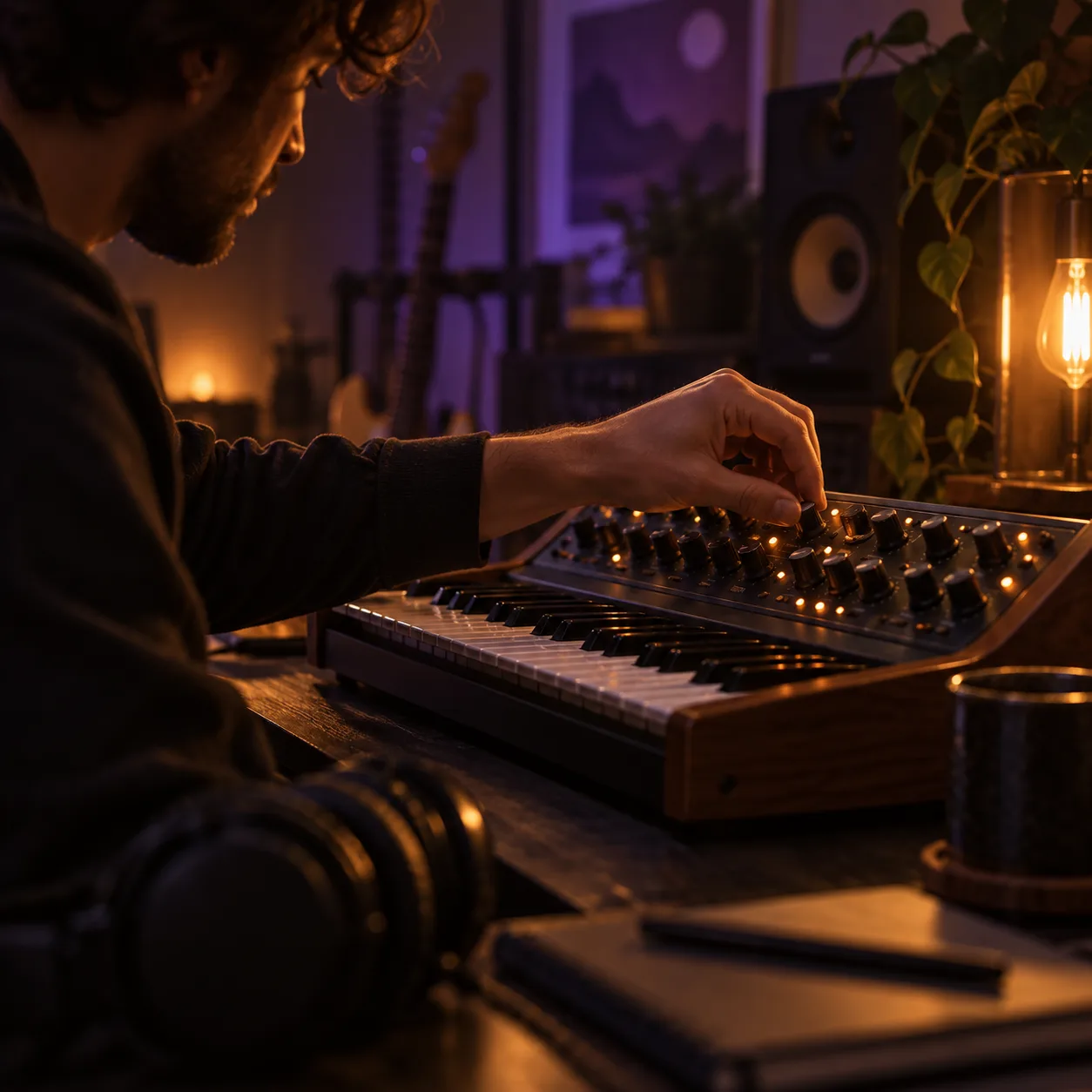 a musician tuning a small synthesizer in a dim studio desk, angled close-up with ambient context