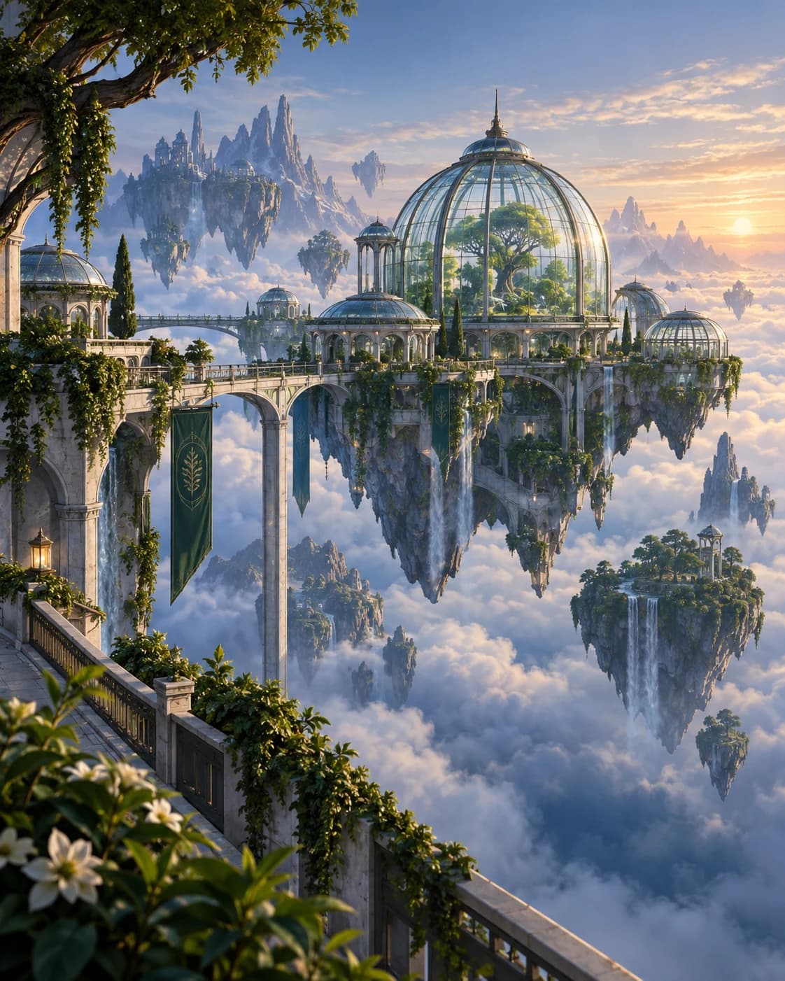 a floating botanical research station in a glass observatory linked by bridges above a quiet cloud sea, a wide establishing composition with soft sunrise rim light