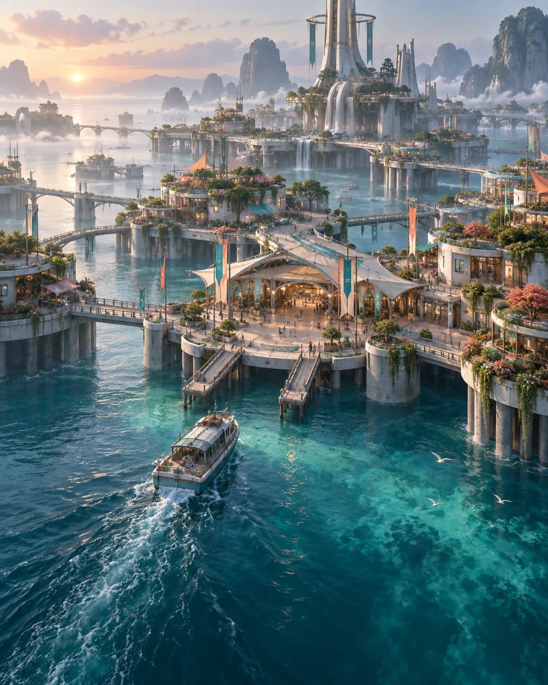 a tidal city built on giant platforms in modular homes and gardens above water with a ferry at the central dock, a high wide aerial perspective with cool dawn haze