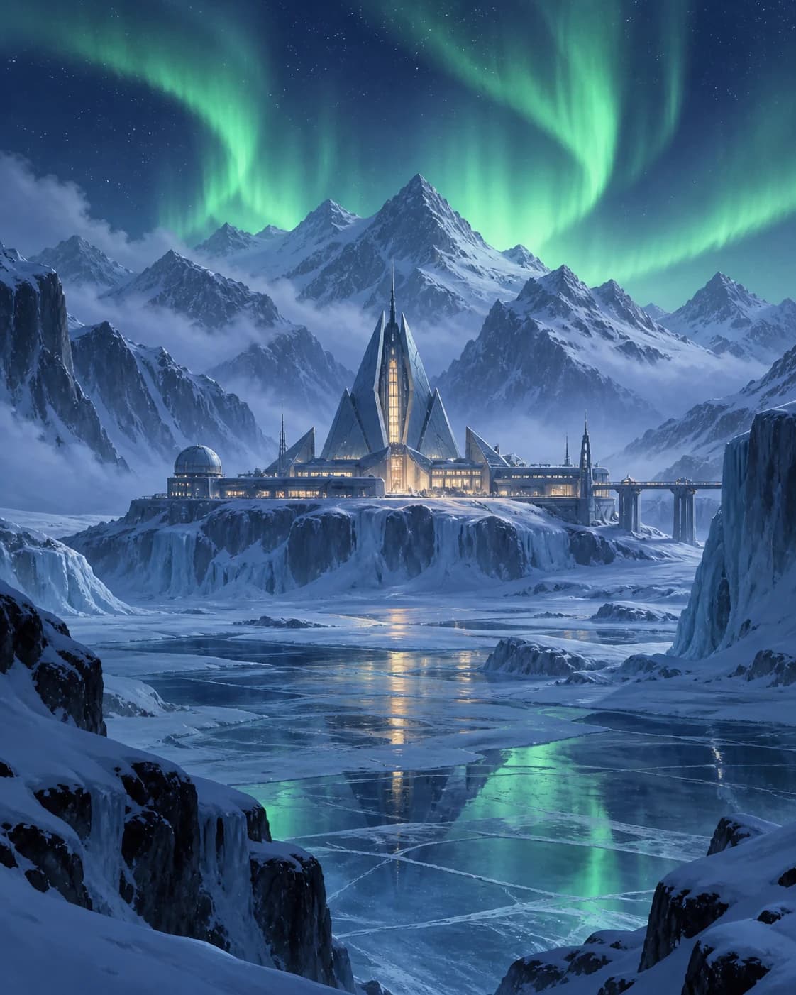 a winter observatory in an ice valley in a glowing angular research outpost below an aurora, a centered wide vista with blue hour with green aurora