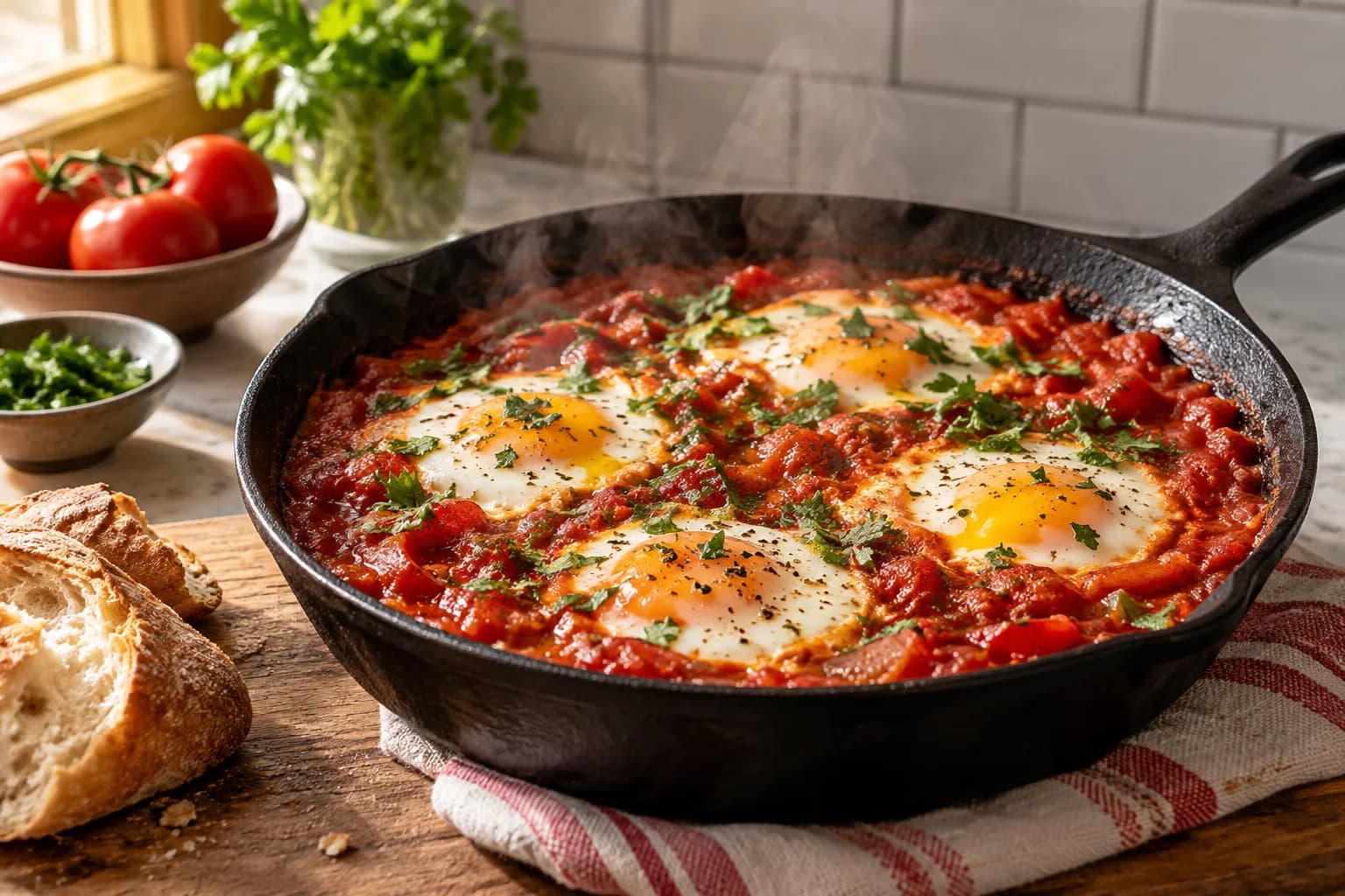 a cast-iron shakshuka; fresh from the oven with visible steam; a tiled home kitchen
