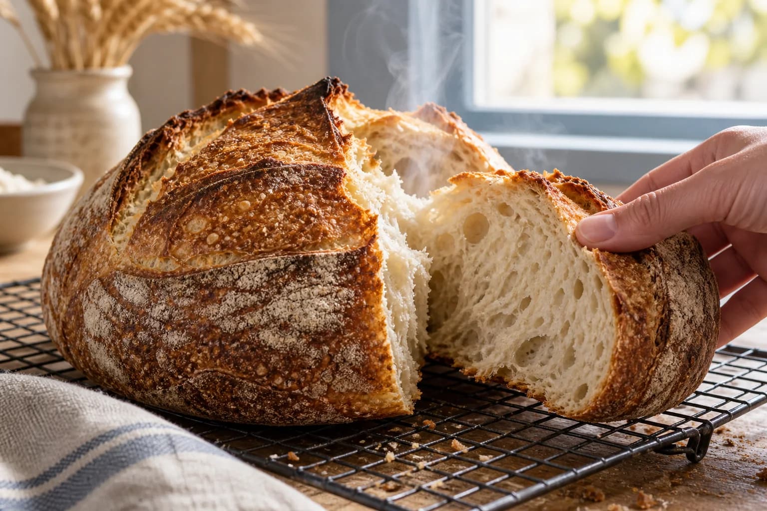 a torn country loaf; cooling on a wire rack with warm crumb; a small bakery kitchen