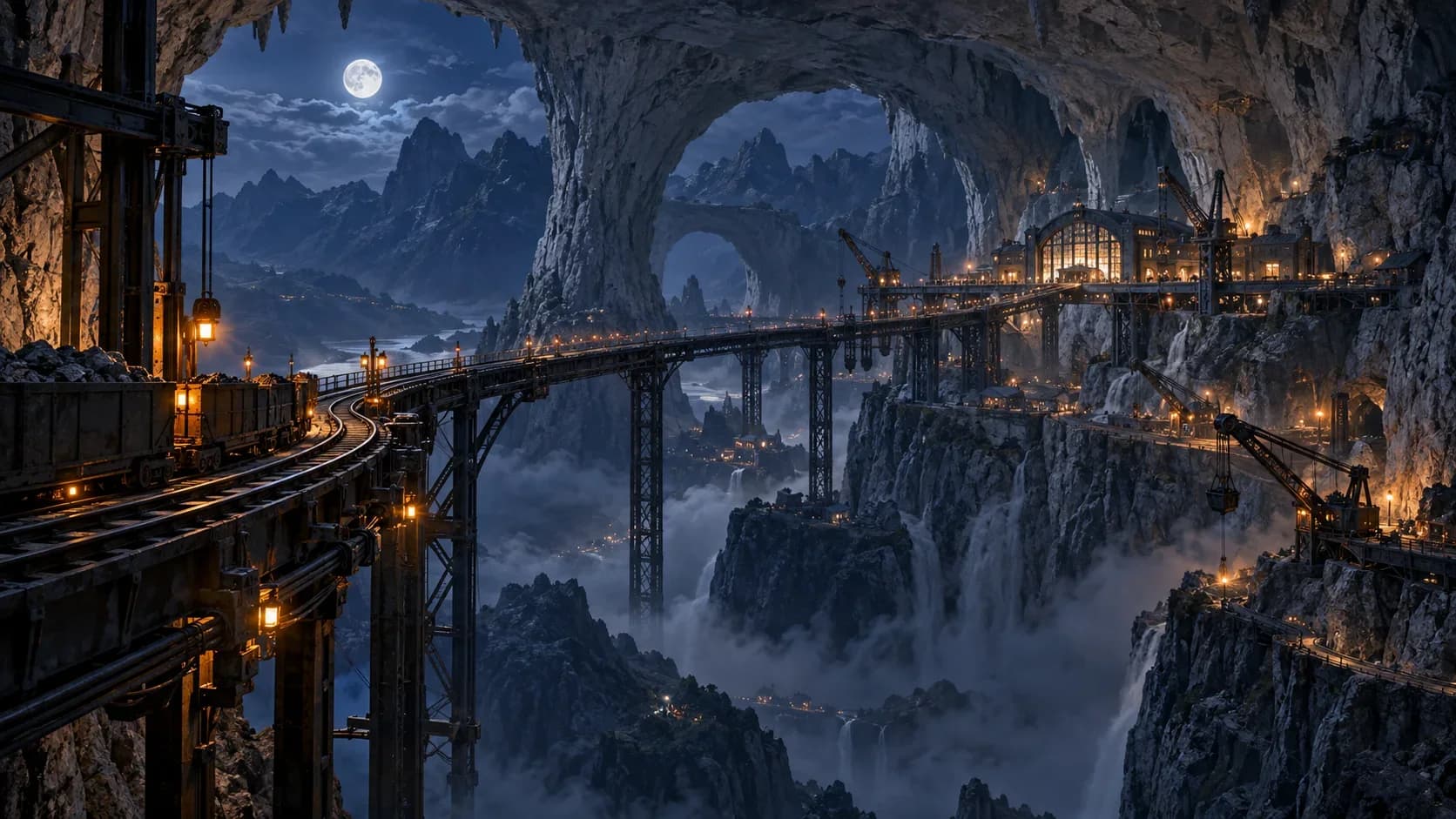 Maintenance tram network through basalt caverns and subterranean farms