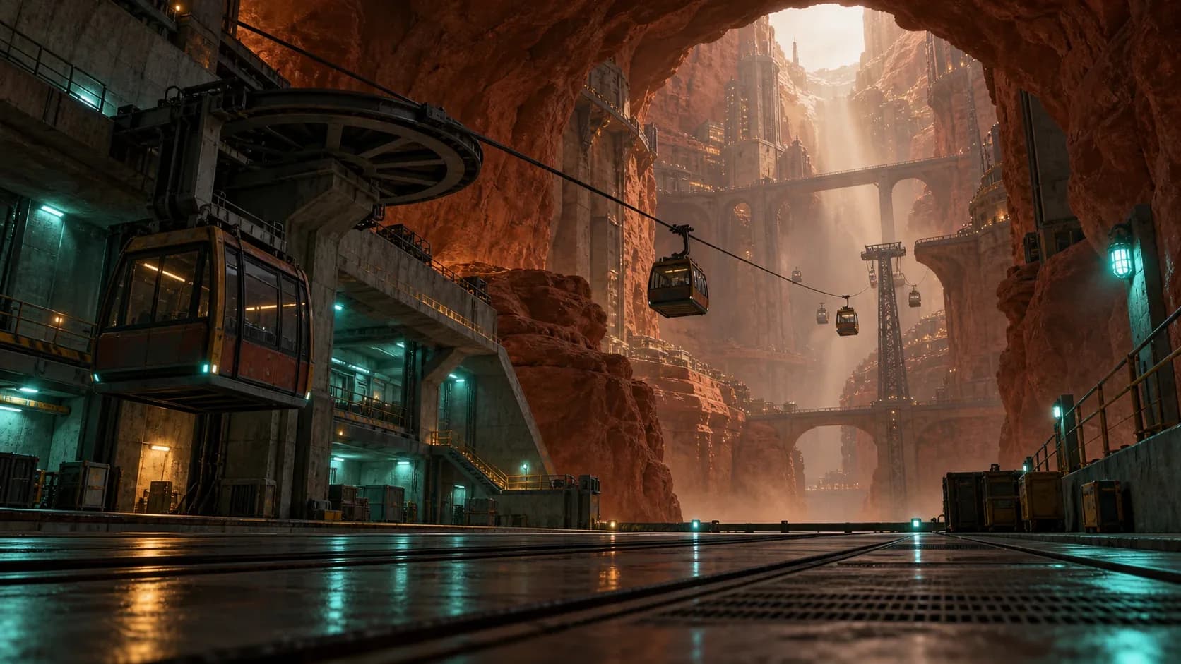 Underground cable-car station carved into red sandstone for a desert city