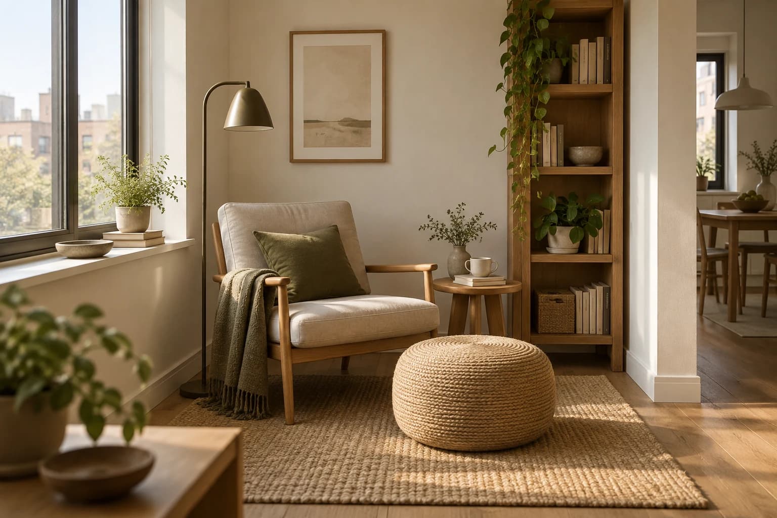 a compact reading nook in warm Japandi minimalism in a small apartment corner, an eye-level wide view with soft morning light