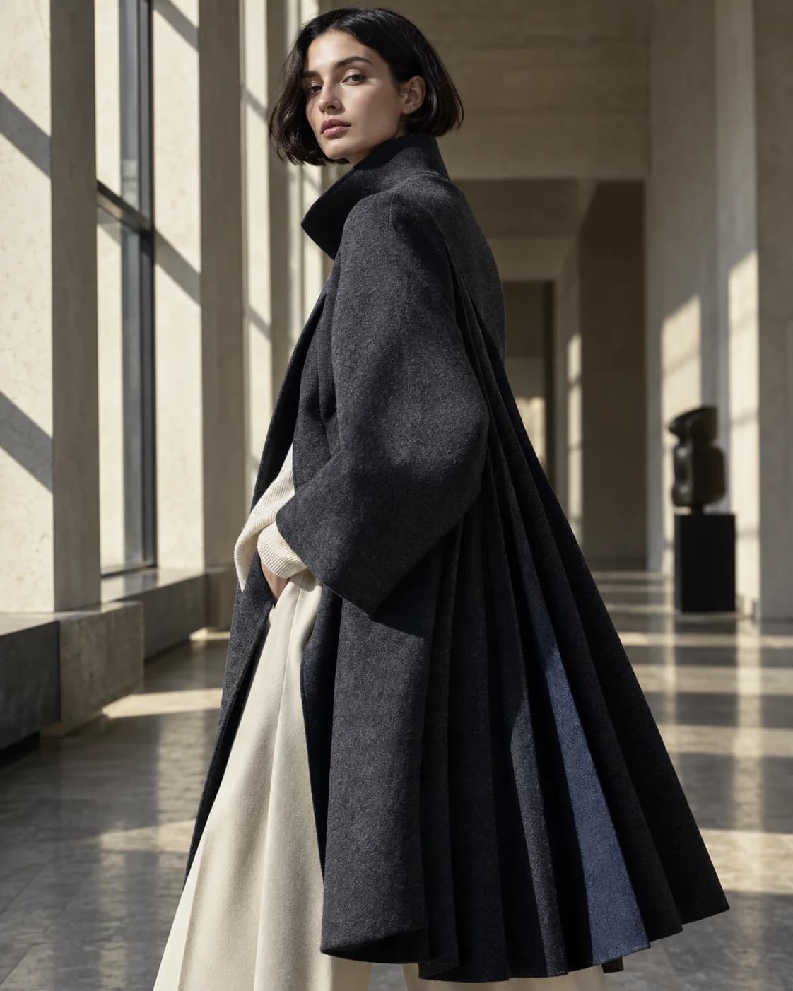 a poised woman with a short dark bob; a charcoal cape suit; a modern colonnade