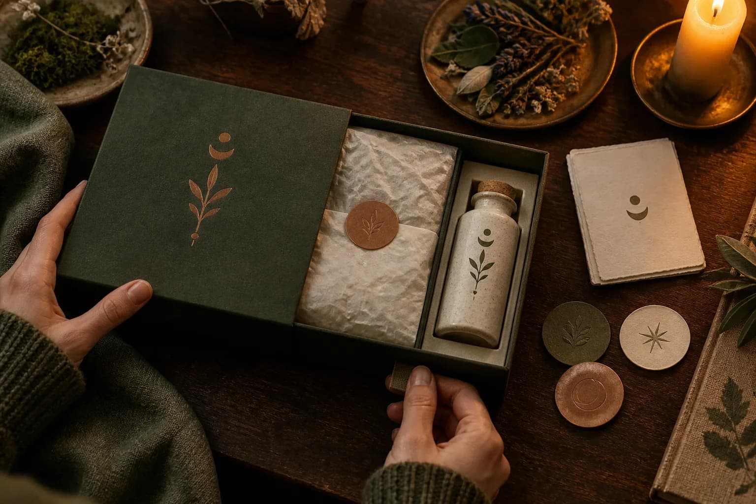 Fictional herbal apothecary unboxing with drawer box and ceramic vial