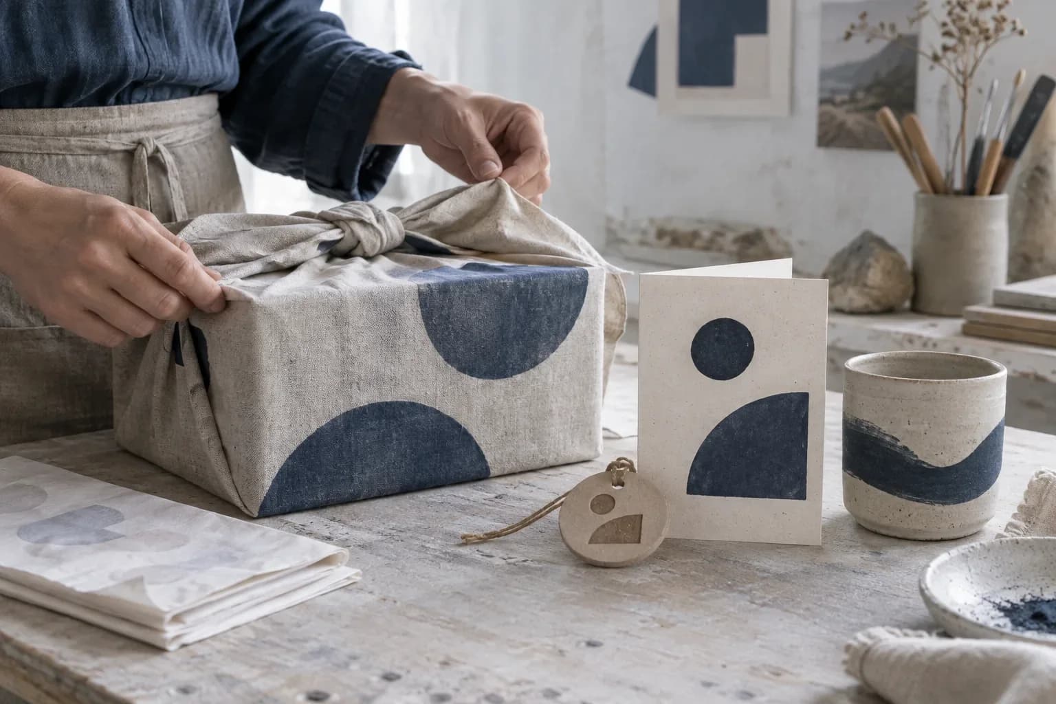 Fictional ceramic studio package reveal with fabric wrap and clay tag