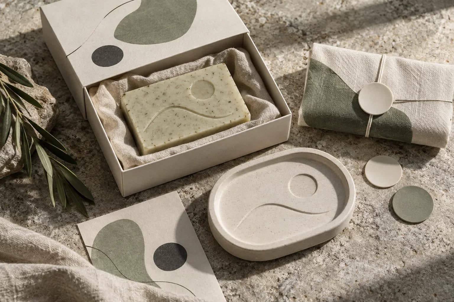 Fictional small-batch tea identity unboxing with tins and folded cloth