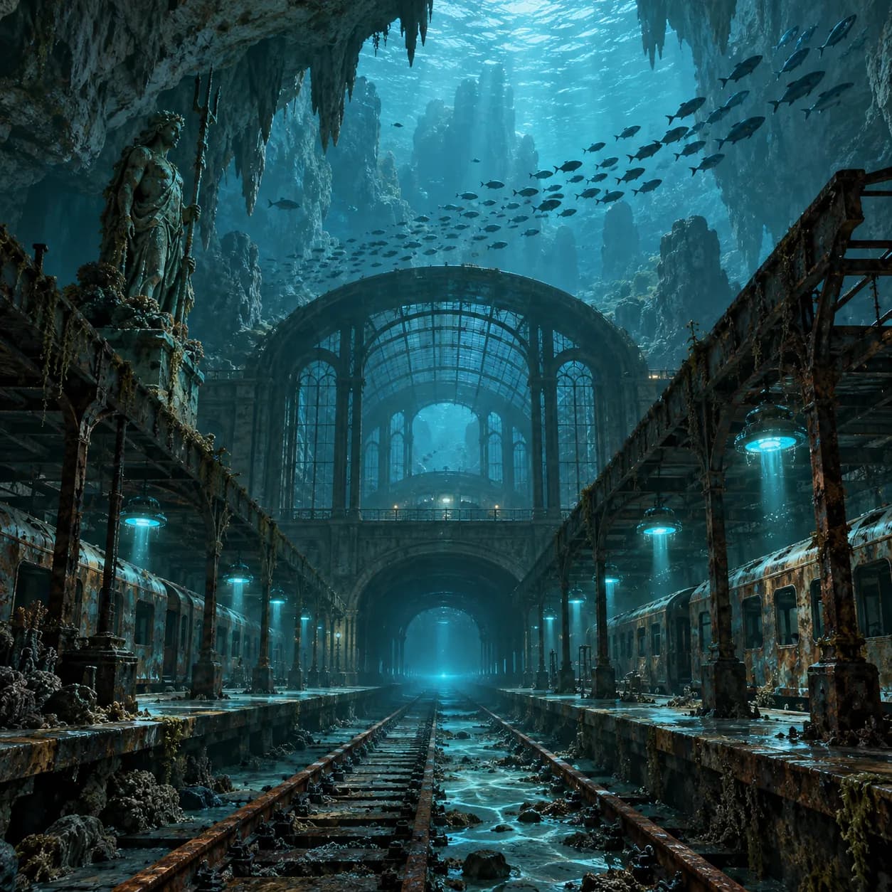a submerged railway terminal in a flooded limestone cavern, a school of fish passing through the concourse
