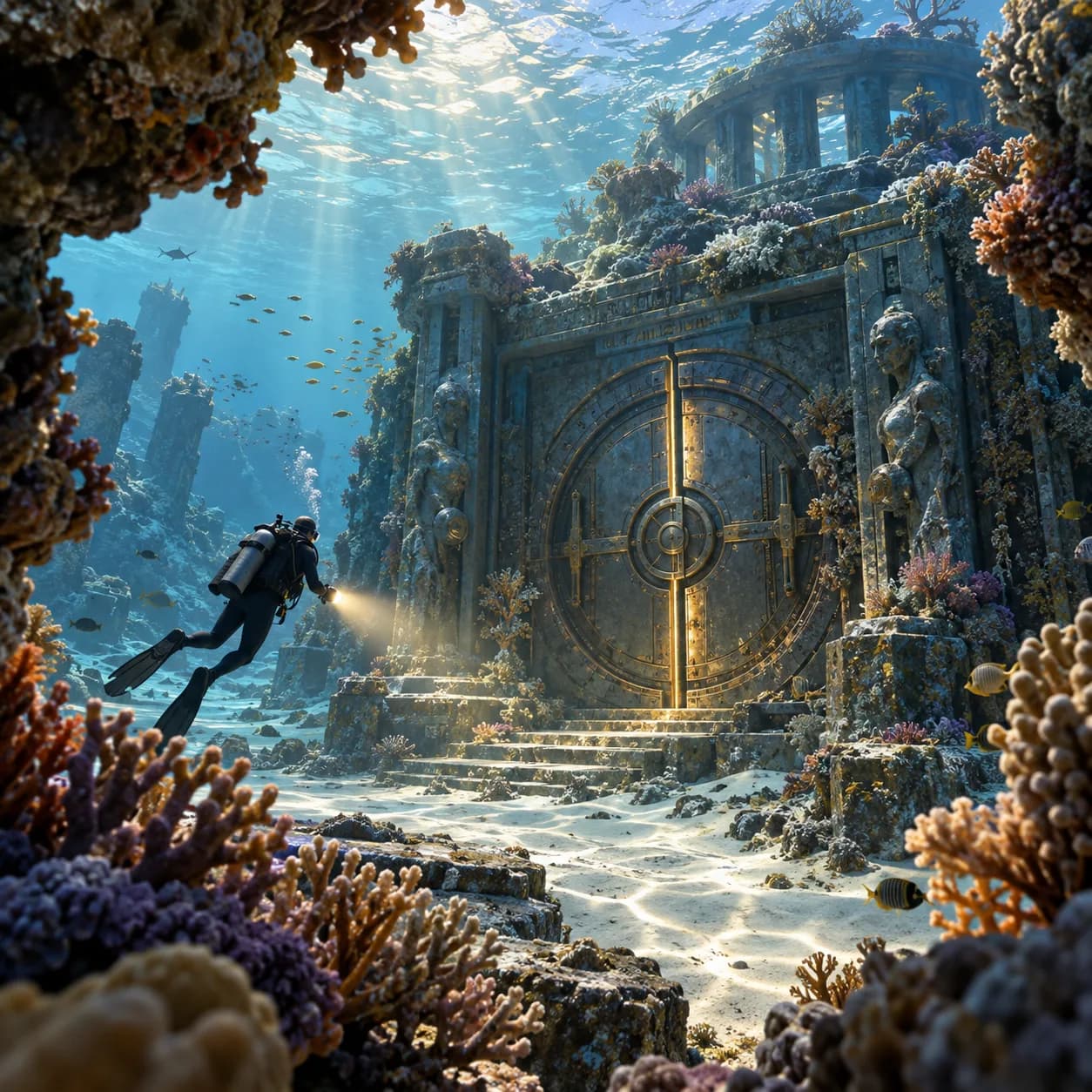 a coral-grown data vault in a warm shallow lagoon, a diver's lamp revealing sealed doors