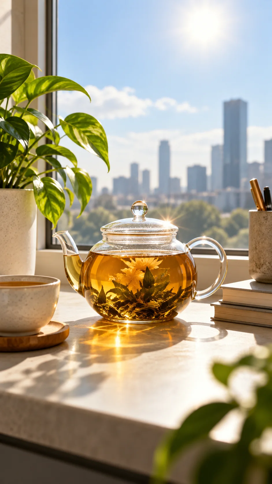 watering a windowsill herb; a brushed brass watering can; a leafy city apartment