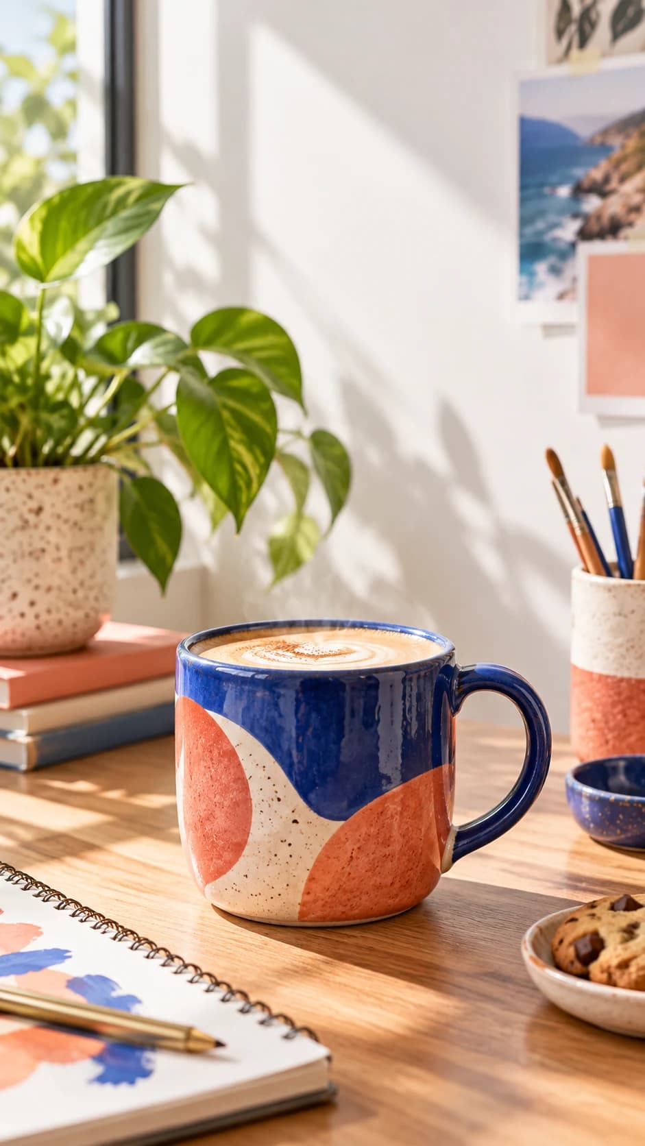 a colorful ceramic mug in a sunlit creative desk, a close lifestyle hero with foreground depth with soft window light