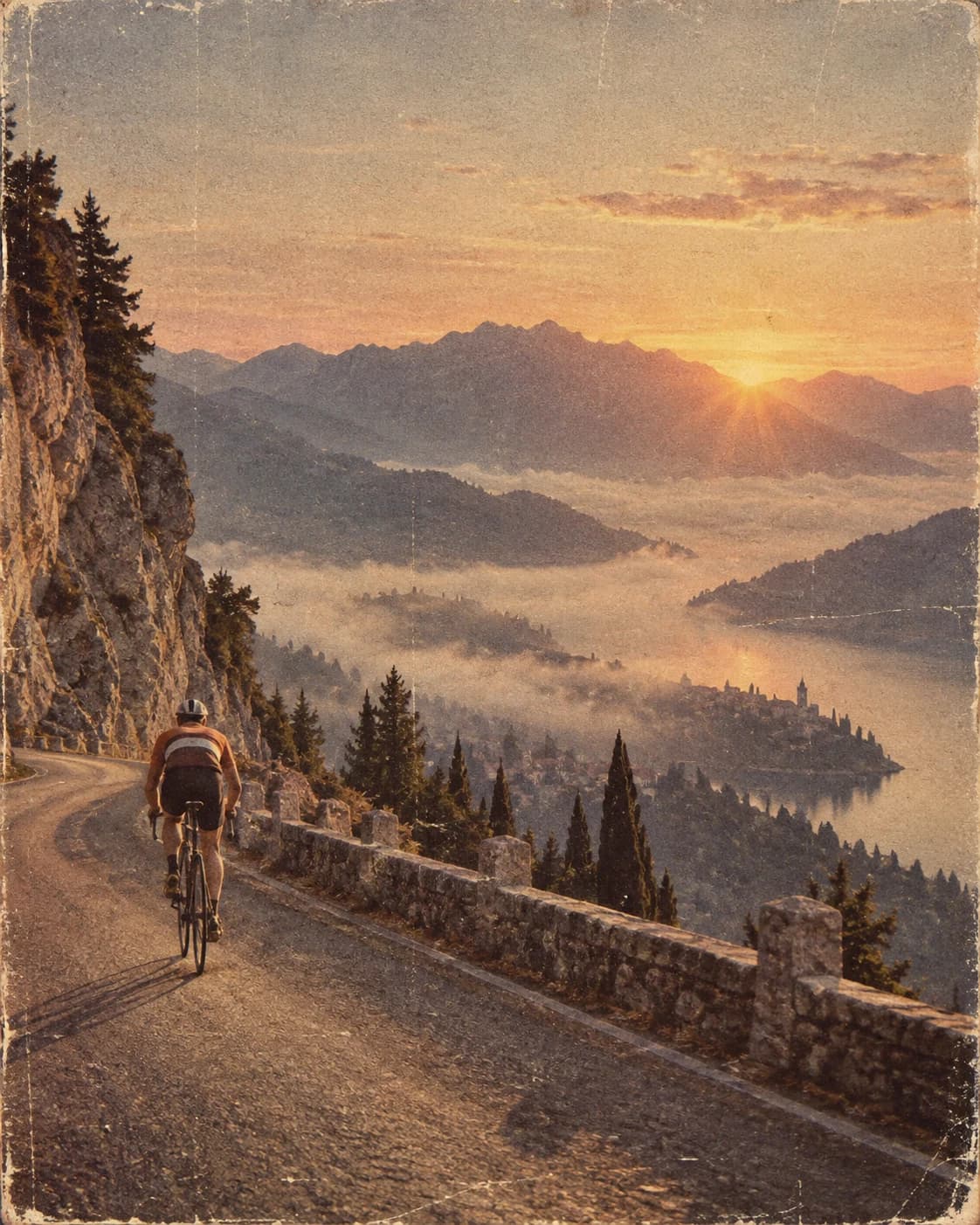 a lone cyclist in 1970s travel editorial on a mountain road at dawn, a wide roadside composition with misty sunrise