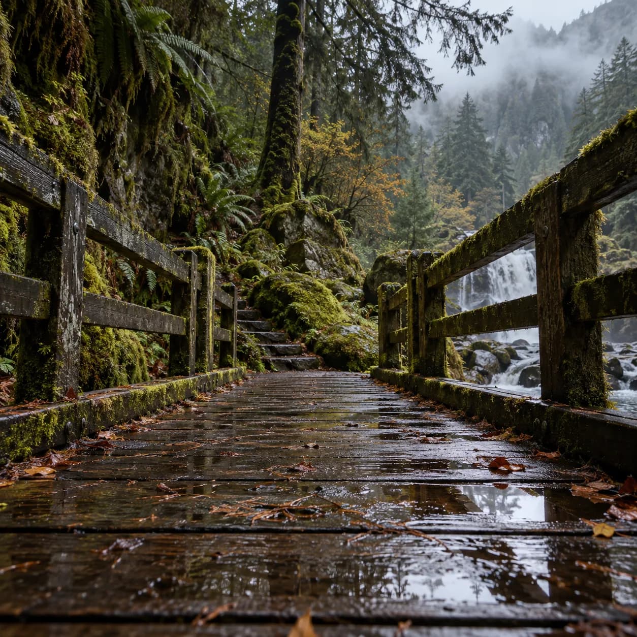 a wooden footbridge in after a light rain, a temperate forest reserve