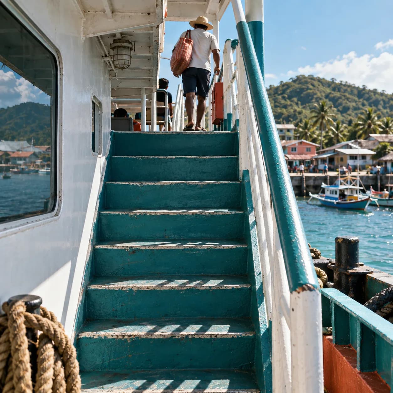 a painted ferry stairway in just before noon, a tropical fishing village