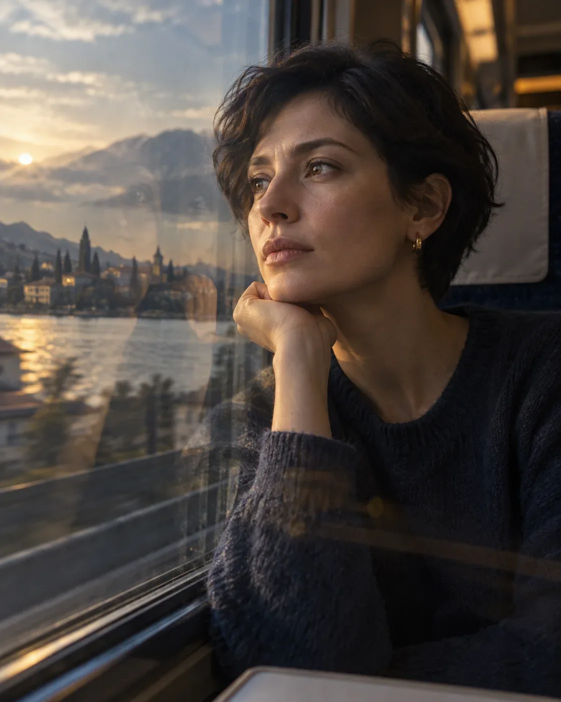 Woman with short dark hair reflected in a train window