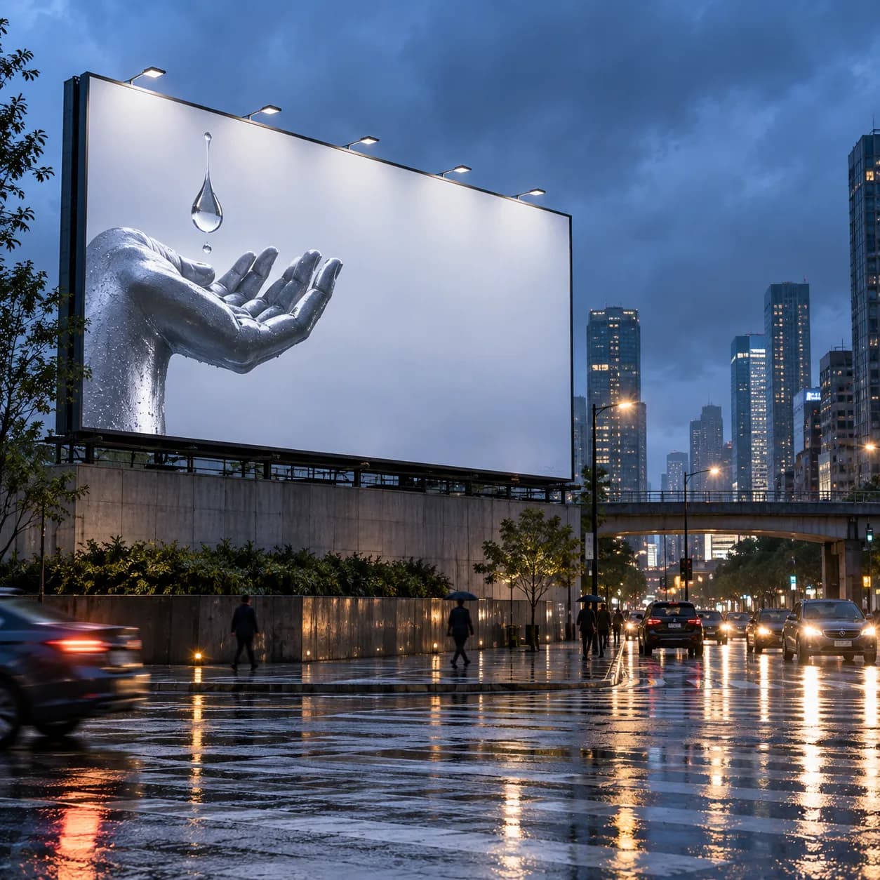 a sculptural public-health campaign image in a rainy city intersection, wide environmental composition