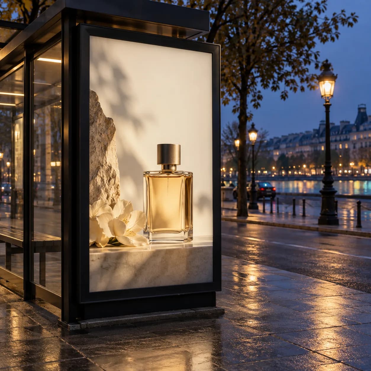 a premium fragrance campaign still in a quiet evening boulevard, three-quarter street view