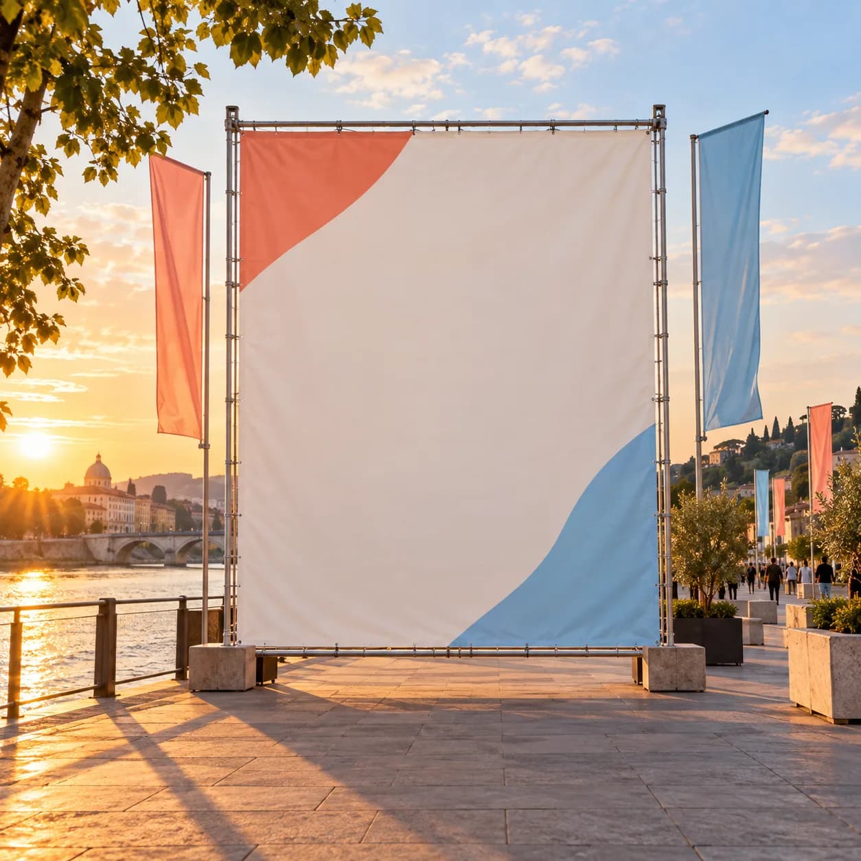a cultural festival visual installation in a riverside promenade, wide frontal composition