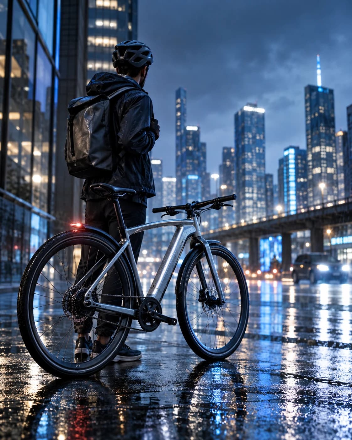 an urban bicycle campaign in a rainy city street, a leading-line street composition with open sky with cool reflected evening light