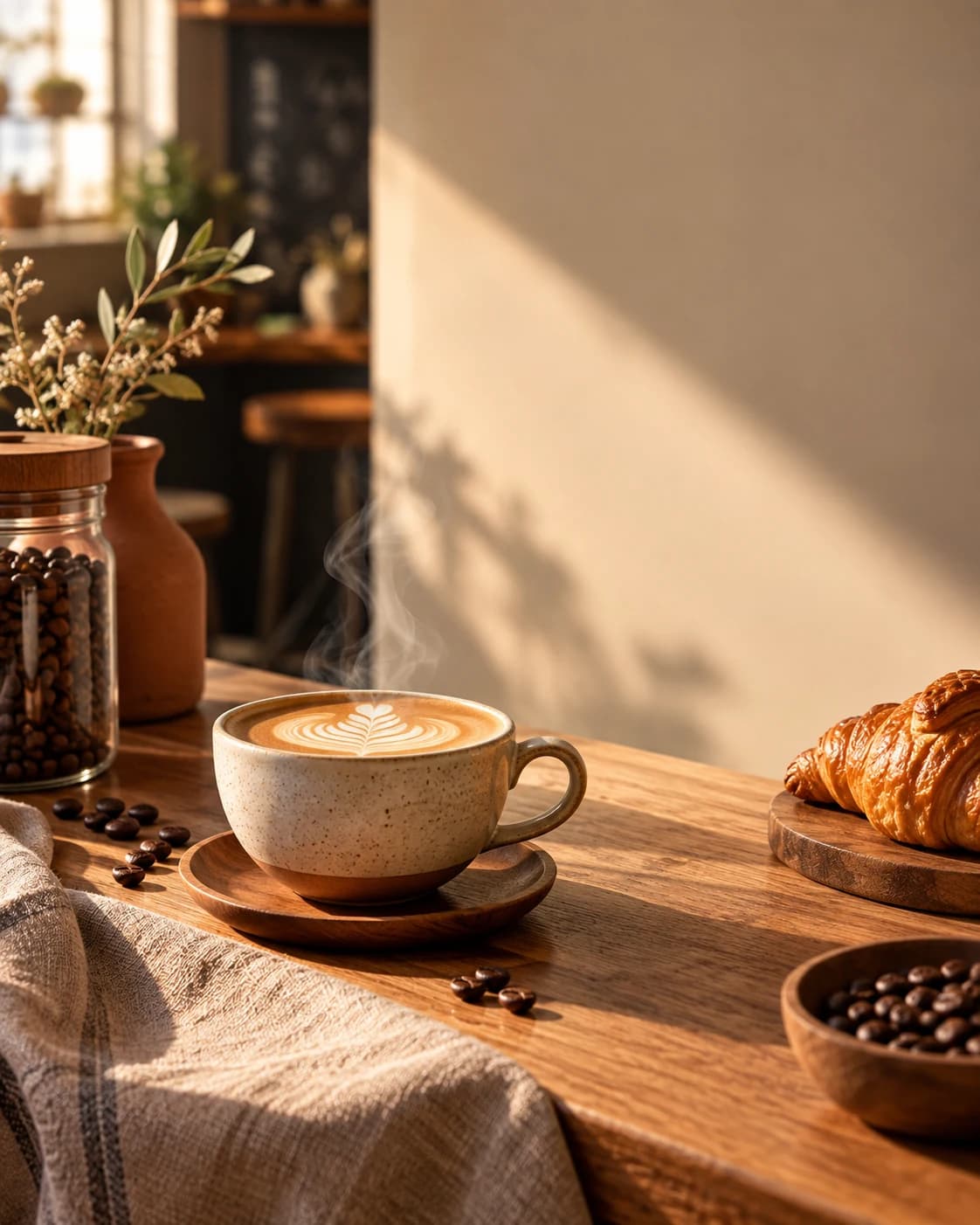 an artisan coffee campaign in a quiet café counter, a centered product scene with side breathing room with warm low morning light