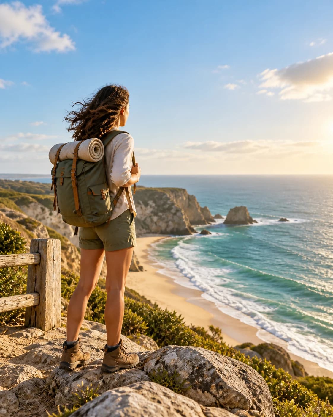 a sustainable travel campaign in a windswept coastal overlook, a wide vista with a small focal subject with bright late-afternoon sun