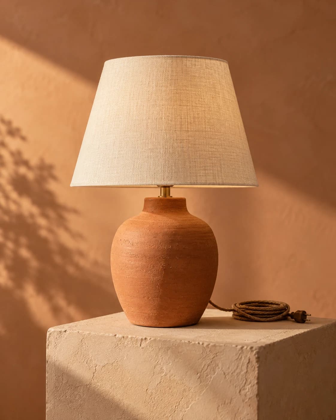a handmade terracotta table lamp in a warm plaster pedestal, a three-quarter view with a neatly coiled cord with gentle late-afternoon side light