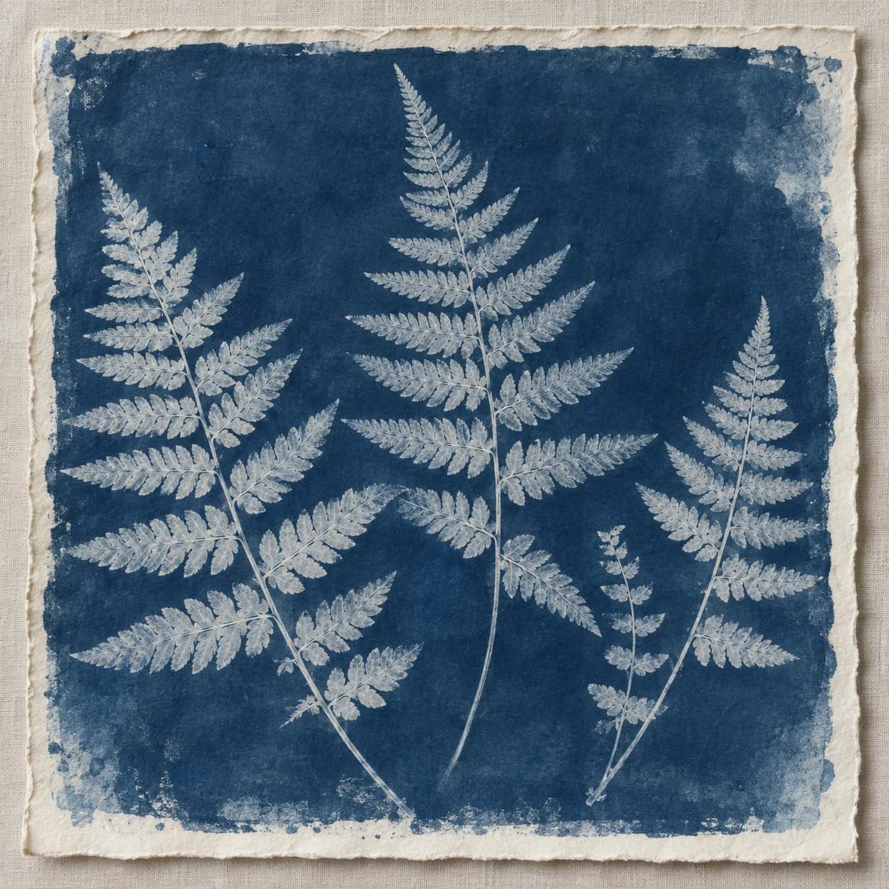 pressed fern specimens in cotton paper, museum-like flat lay