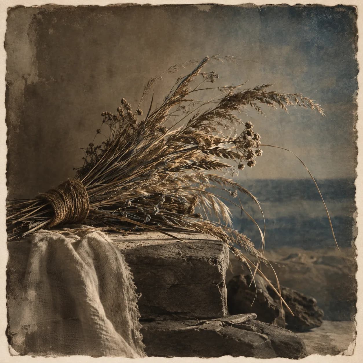 a dried coastal grass bundle in deckled fiber paper, quiet print table