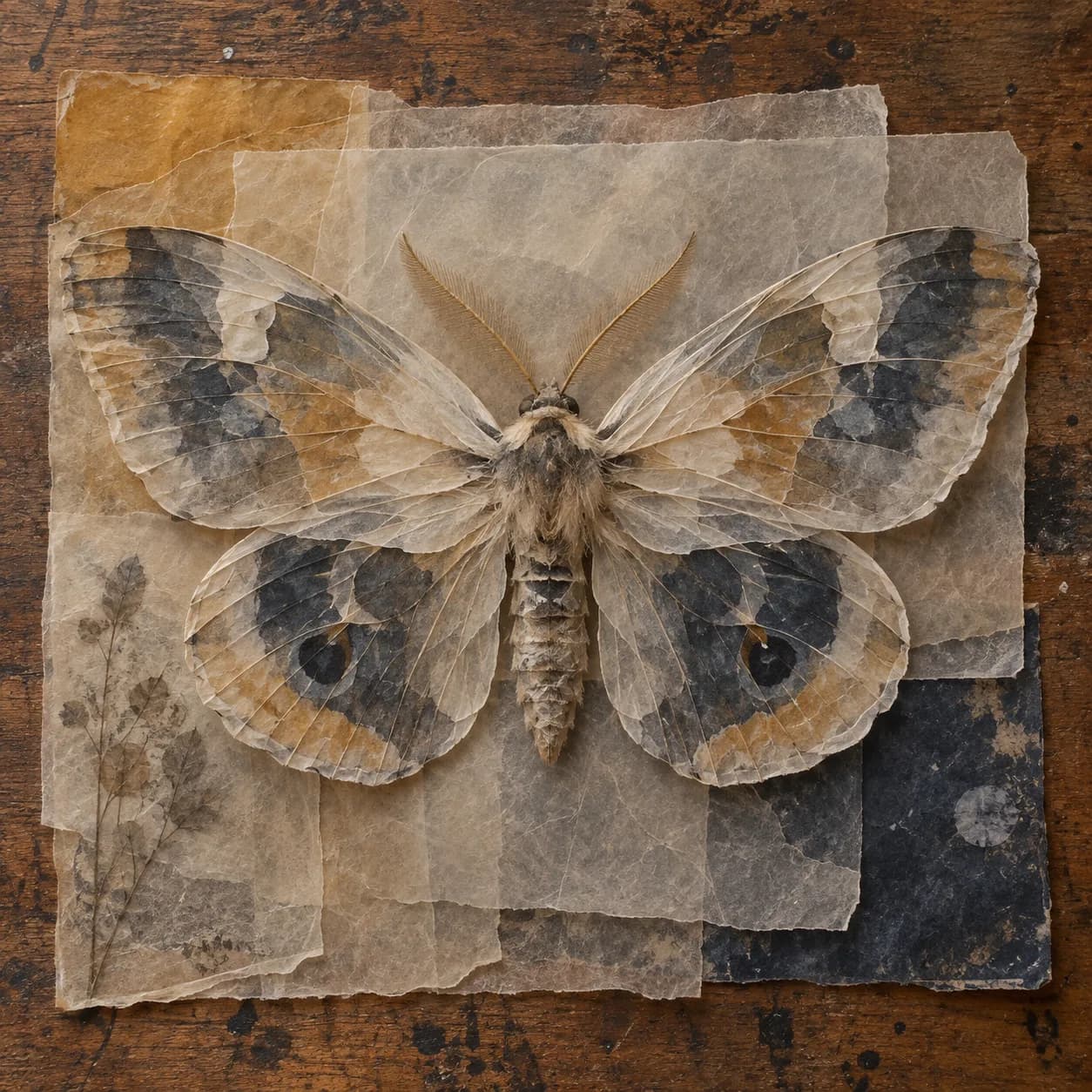 a moth wing study in wooden print table, archival studio