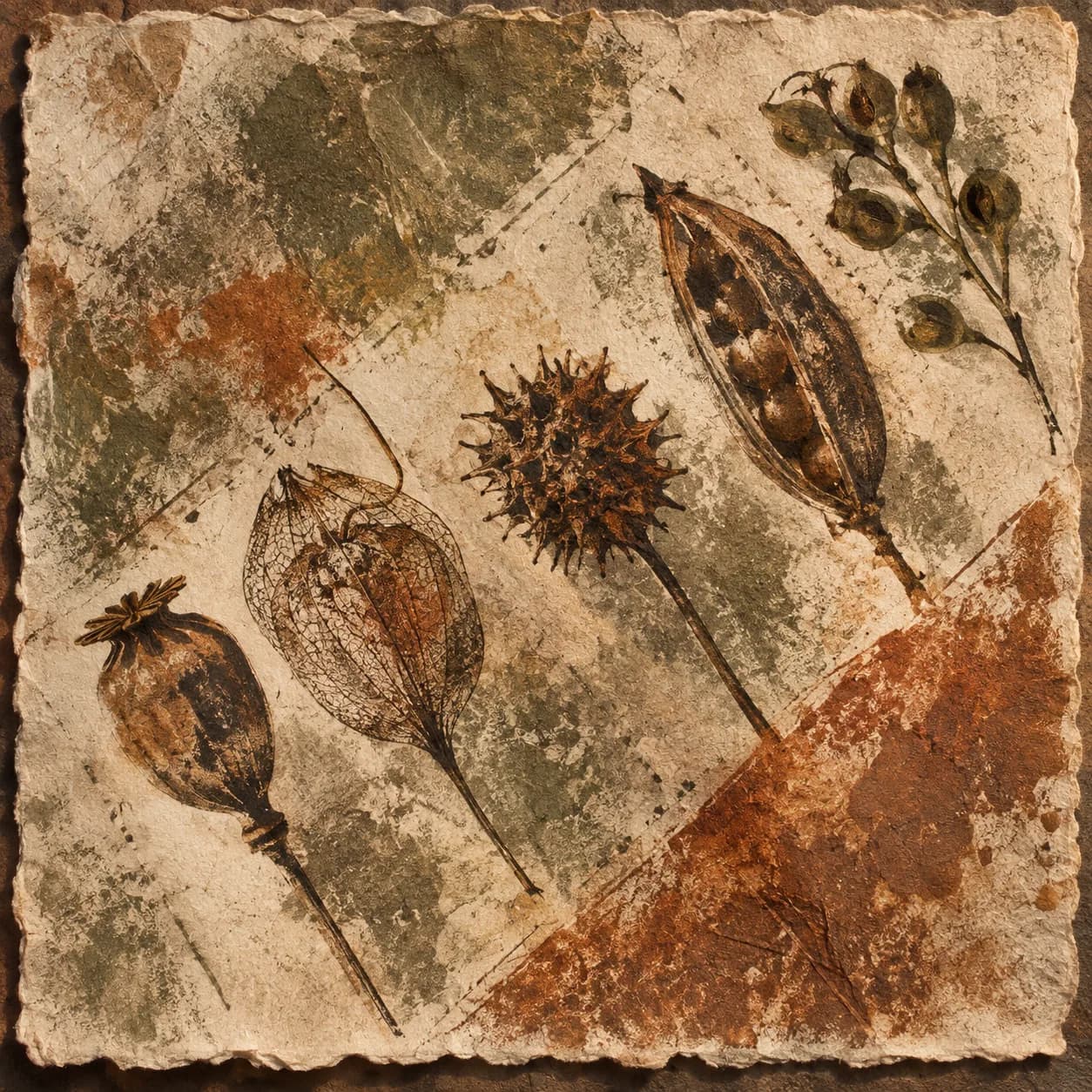 a seed-pod collection in rough handmade paper, sunlit farmhouse table