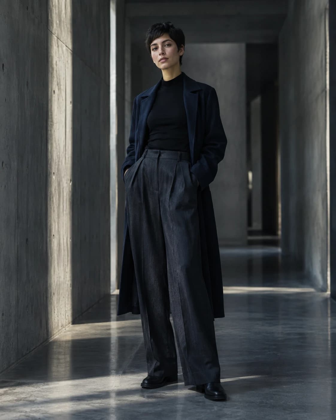 a young adult with short hair in a modern concrete hallway, a full-length editorial portrait with narrow directional light