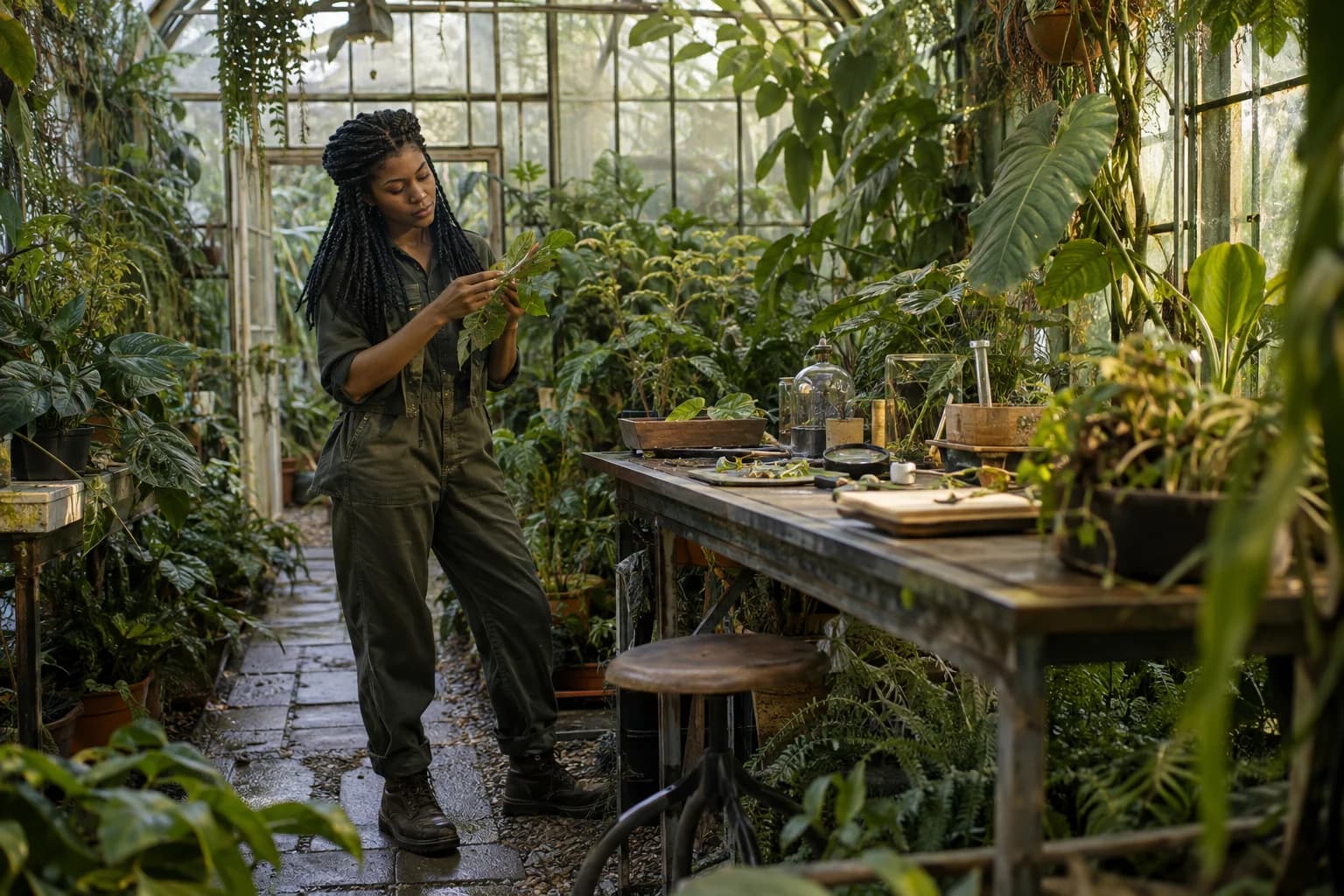a botanical illustrator in a greenhouse desk with pressed leaves and drawing tools, a waist-up portrait looking toward the plant table with bright diffused greenhouse light