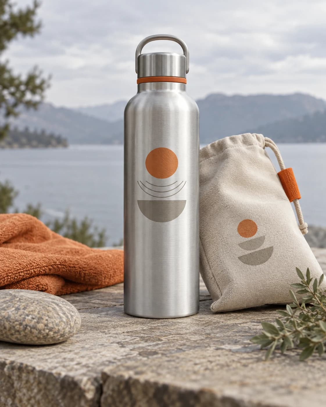 a refillable aluminum bottle in an outdoor wellness table, an upright hero with its canvas pouch with clean overcast daylight