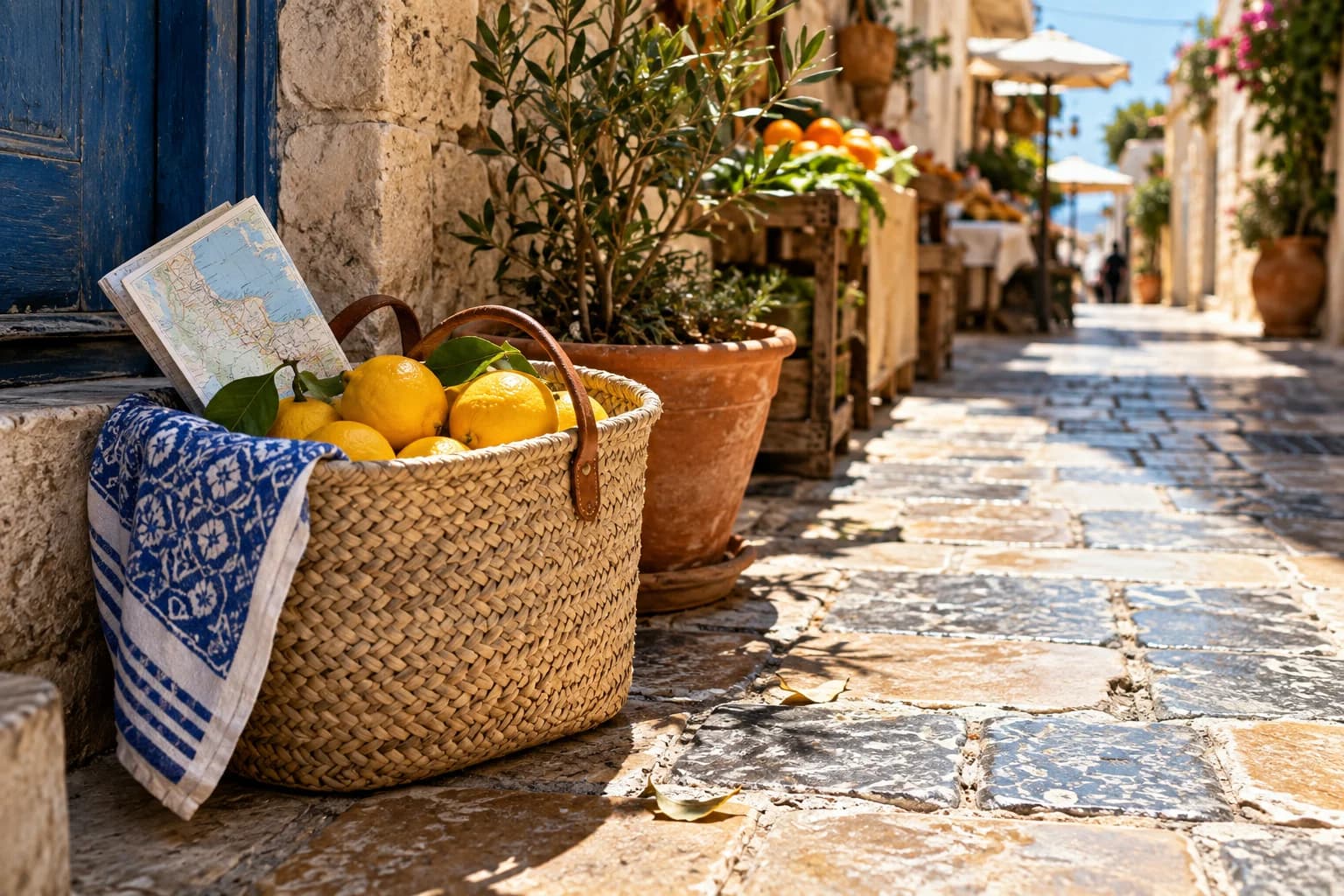 a woven market basket with citrus and local bread in a shaded Mediterranean side street, a low tabletop crop with stone paving leading back with hard midday sun with cool wall bounce