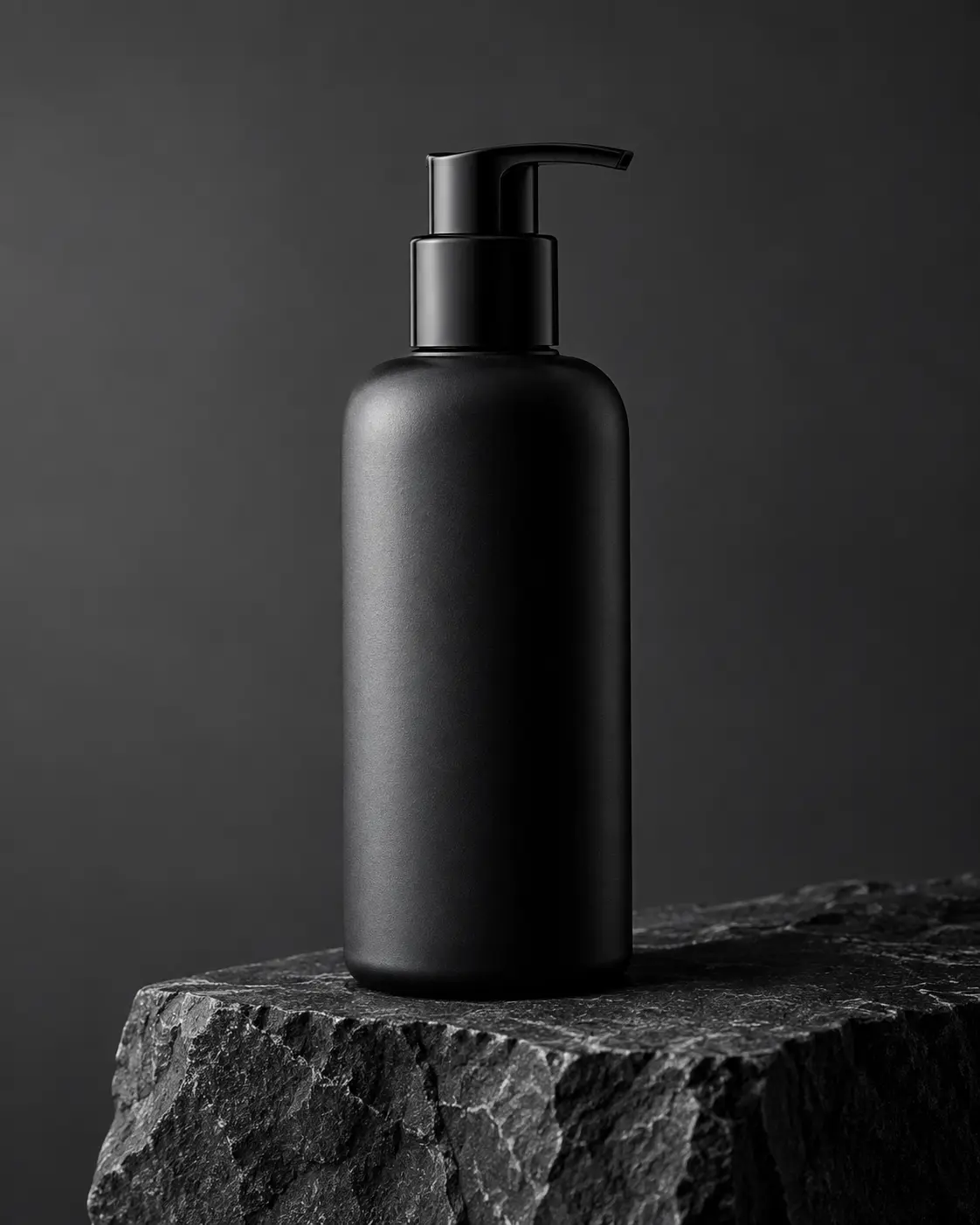 Unbranded matte black skincare pump bottle on dark basalt in soft side light