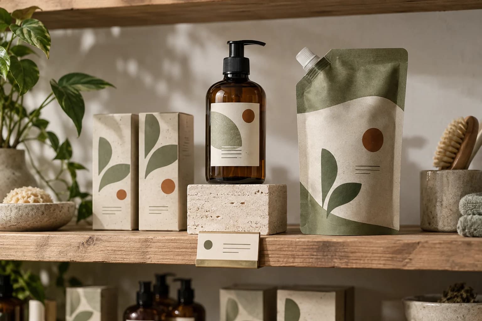 shipping box, tissue, sticker shapes, and ceramic vessel in a quiet direct-to-consumer packing table, a top-down system layout with one hero package with even studio daylight