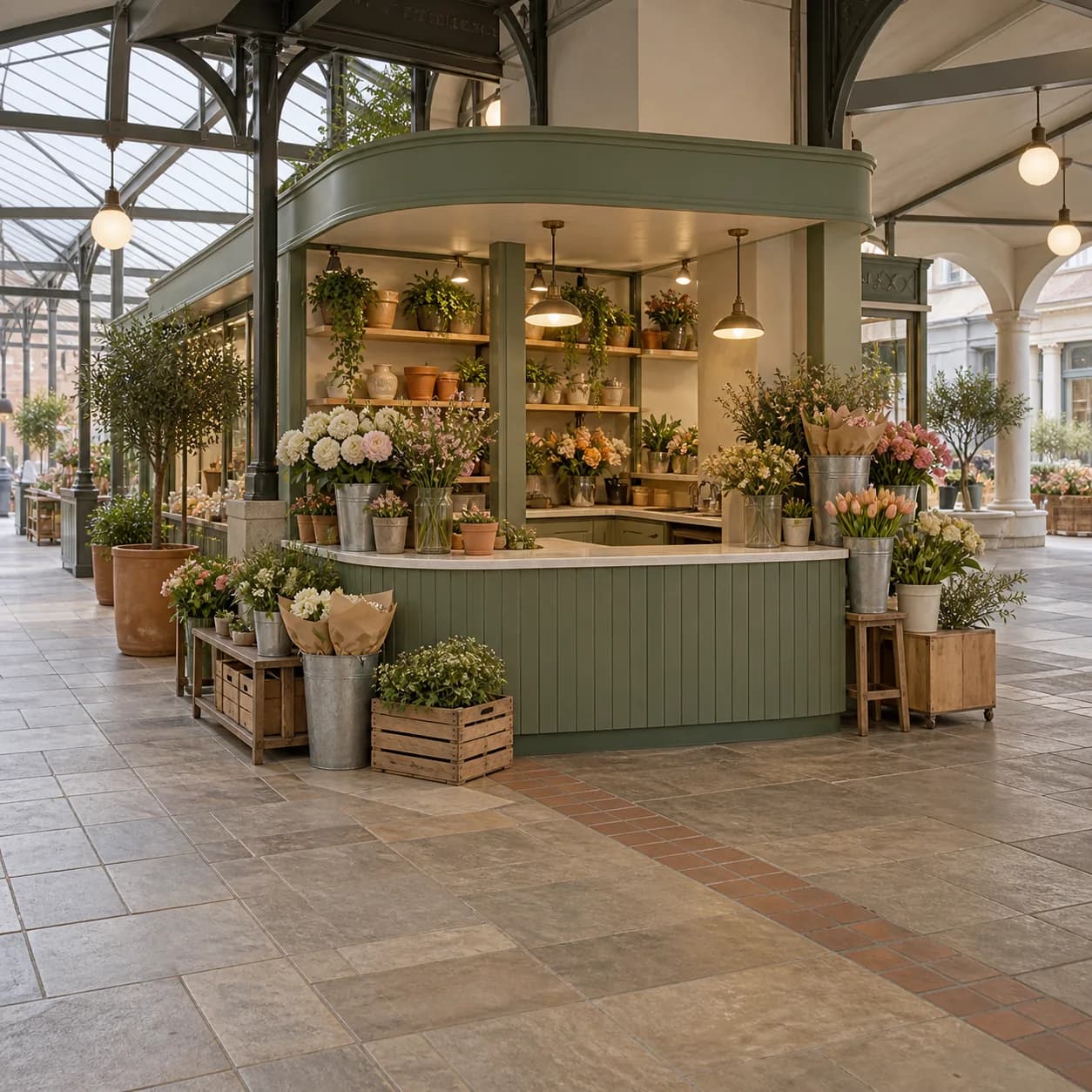 a neighborhood flower kiosk in a covered market arcade, wide corner view