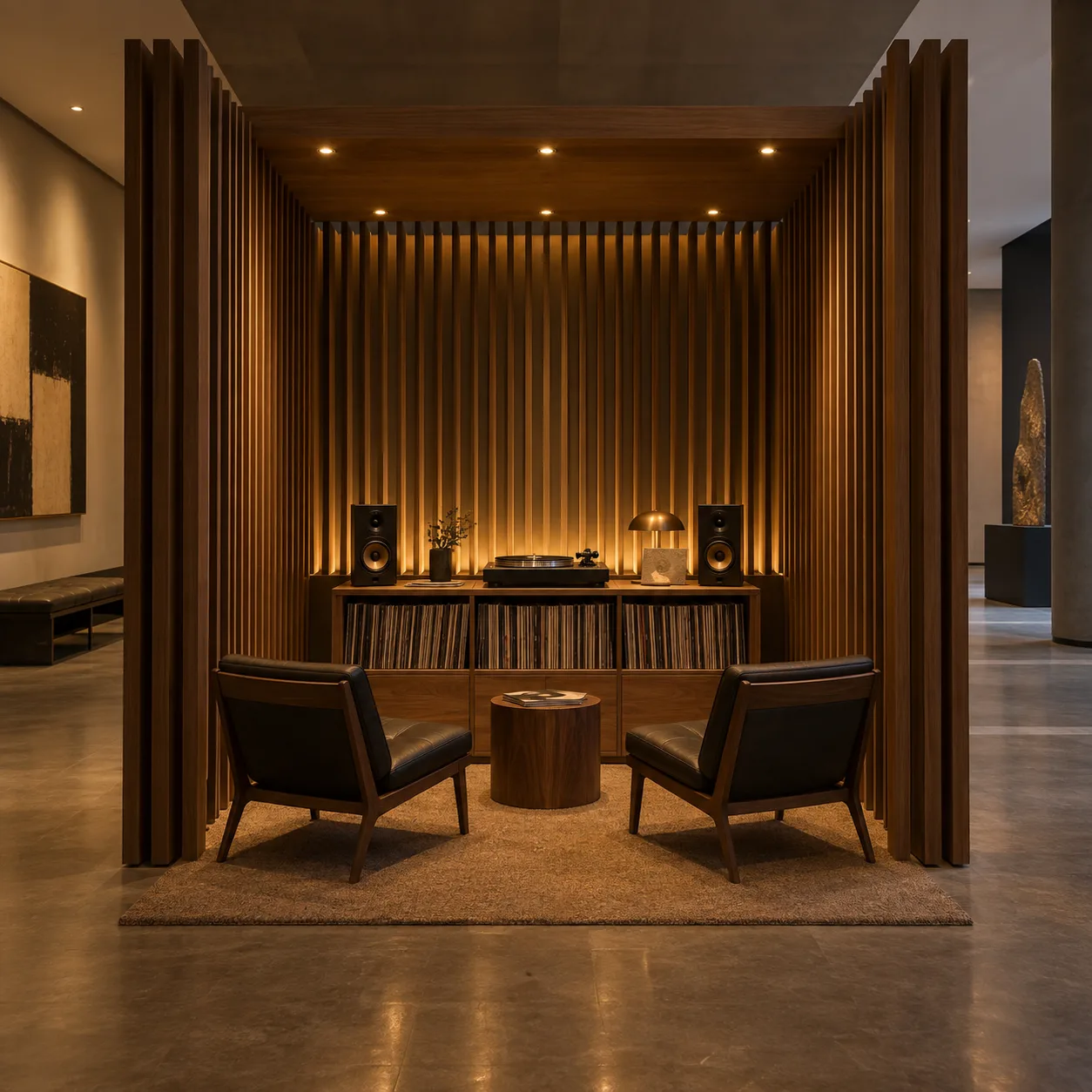a compact record-listening booth in a quiet cultural hall, straight-on spatial frame