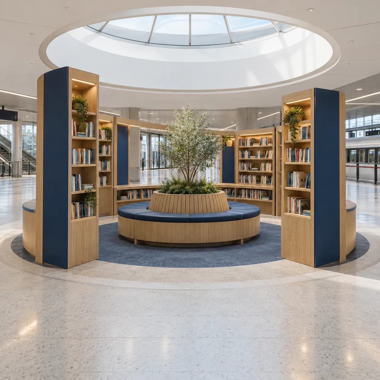 a small community book exchange in a station concourse, wide front perspective