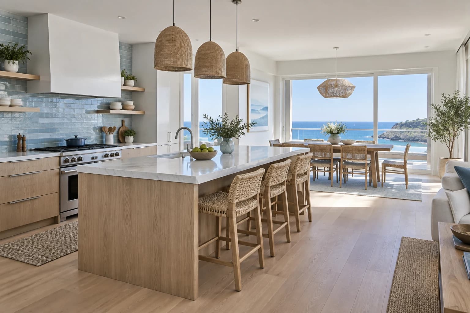 a coastal kitchen in quiet contemporary design in a bright seaside home, a wide corner perspective with clear midday daylight