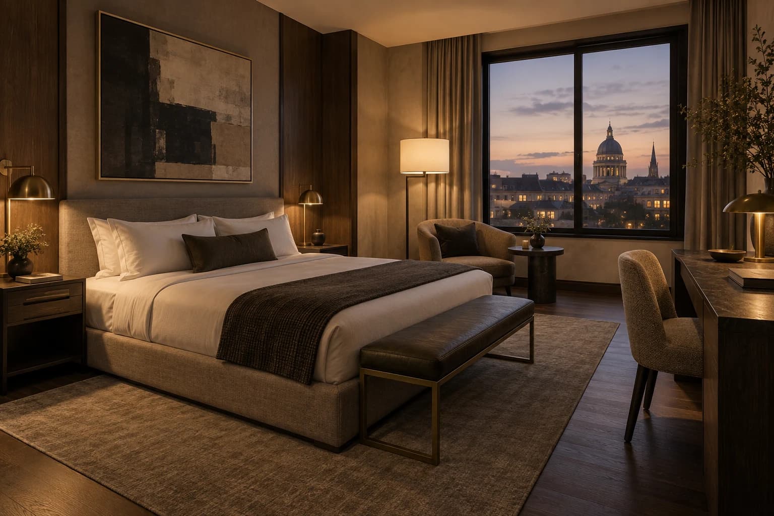 a boutique hotel bedroom with modernist restraint in a city-center suite, a three-quarter room view with warm layered lamps