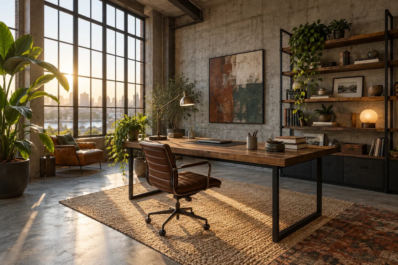 a creative home office with tactile industrial calm in a loft with tall windows, a diagonal wide-angle view with late-afternoon window light